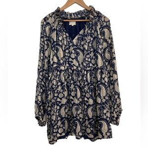 Melloday blue & white paisley tiered skirt long sleeve mini dress w/ tie neck